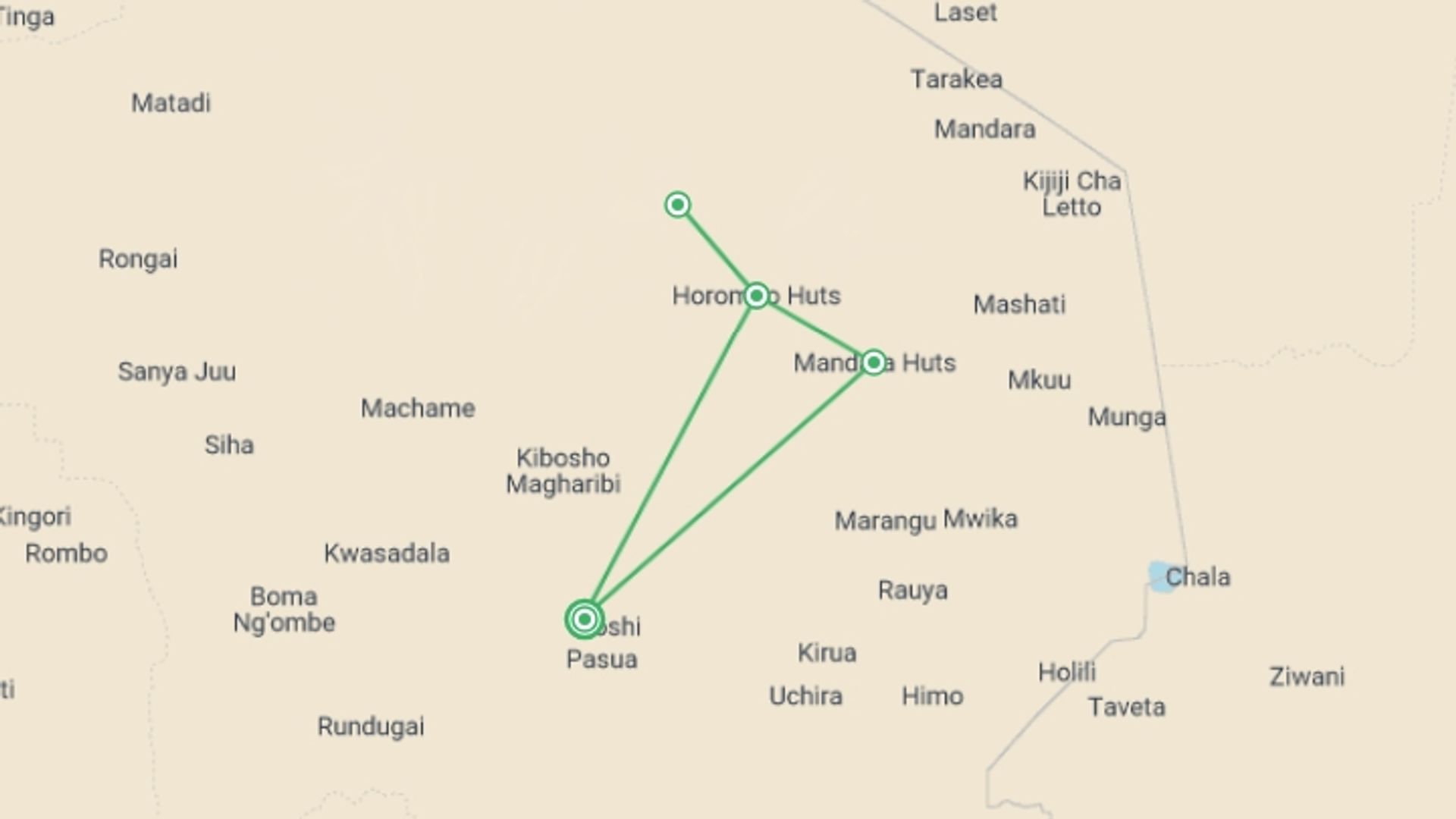 A map showing the tour itinerary for the trip: 5 Day Marangu Route Kilimanjaro Trek , starting in Moshi, Tanzania and ending in Moshi, Tanzania going through 4 other destinations.