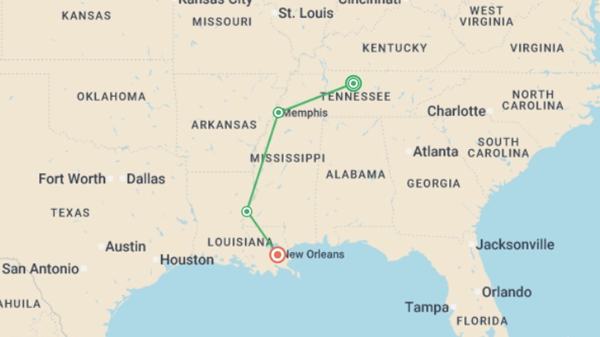 A map showing the tour itinerary for the trip: Rhythms of the South, starting in Nashville, USA and ending in New Orleans, USA going through 2 other destinations.