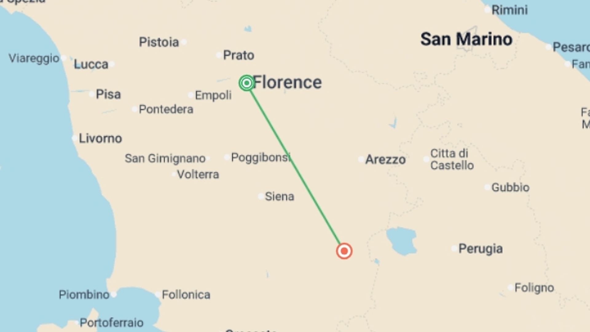 A map showing the tour itinerary for the trip: Treasures of Tuscany, starting in Florence, Italy and ending in Montepulciano, Italy going through 1 other destinations.