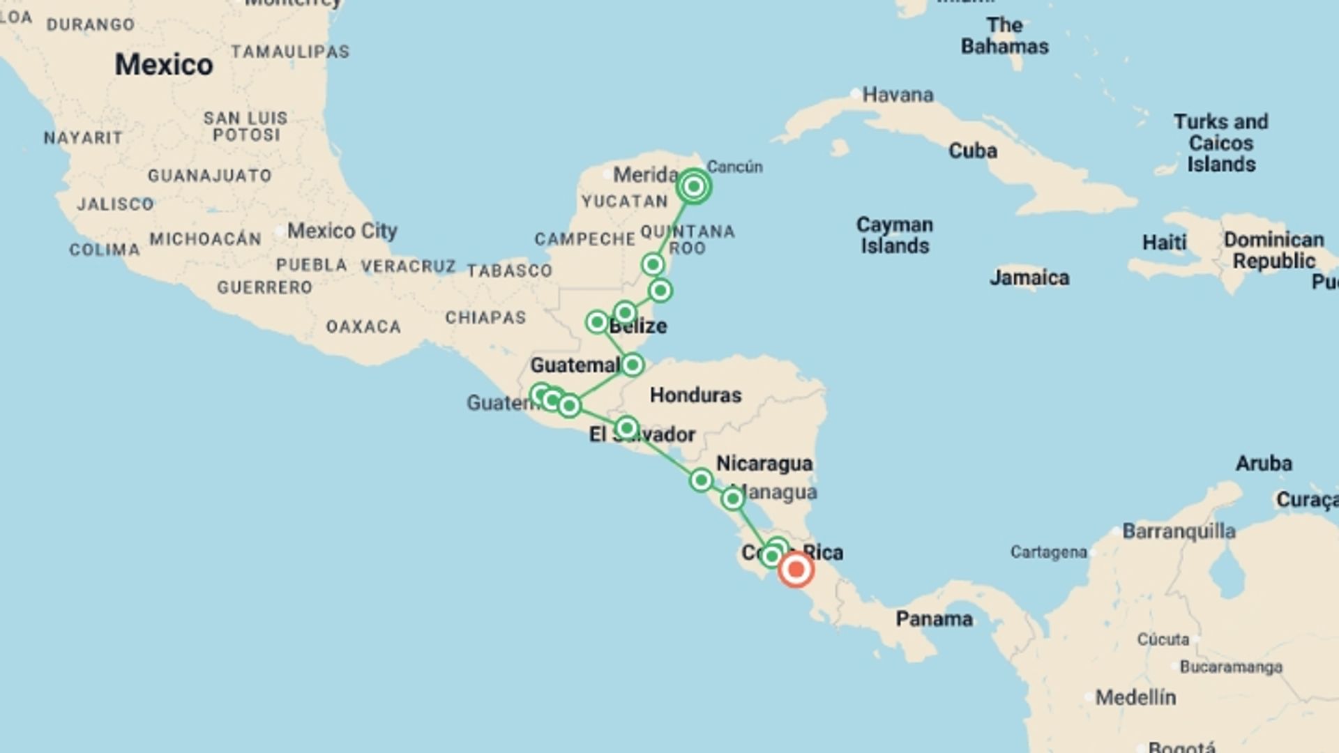 A map showing the tour itinerary for the trip: Central American Adventure, starting in Playa Del Carmen, Mexico and ending in San Jose, Costa Rica going through 14 other destinations.