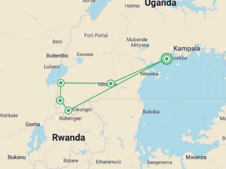 Map of Africa Tour with 5 destination visits for the trip: 6-Day Gorilla Trekking and Wildlife Tour in Uganda