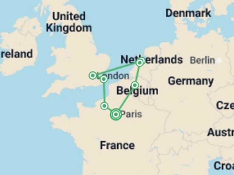 Map itinerary of France Tour in May 2026 with 5 destination visits for the trip: European Triangle