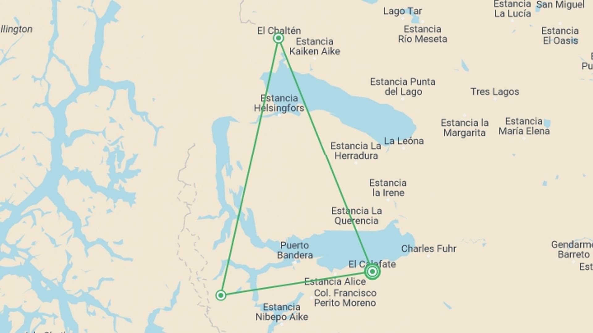 A map showing the tour itinerary for the trip: Treasures of Patagonia, starting in El Calafate, Argentina and ending in El Calafate, Argentina going through 3 other destinations.