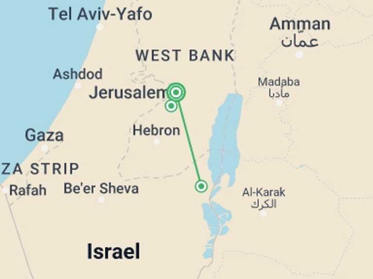 Map itinerary of Israel Tour in February 2026 with 1 destination visits for the trip: The Peace Route, Spanish-speaking Guide (thursday)