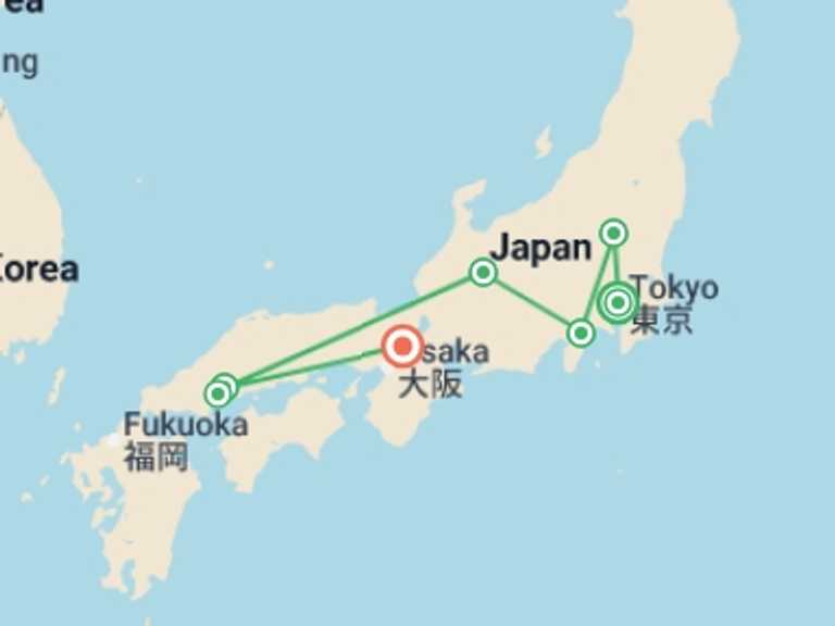 Map itinerary of Japan Tour in Fall with 6 destination visits for the trip: Japan: Land of the Rising Sun