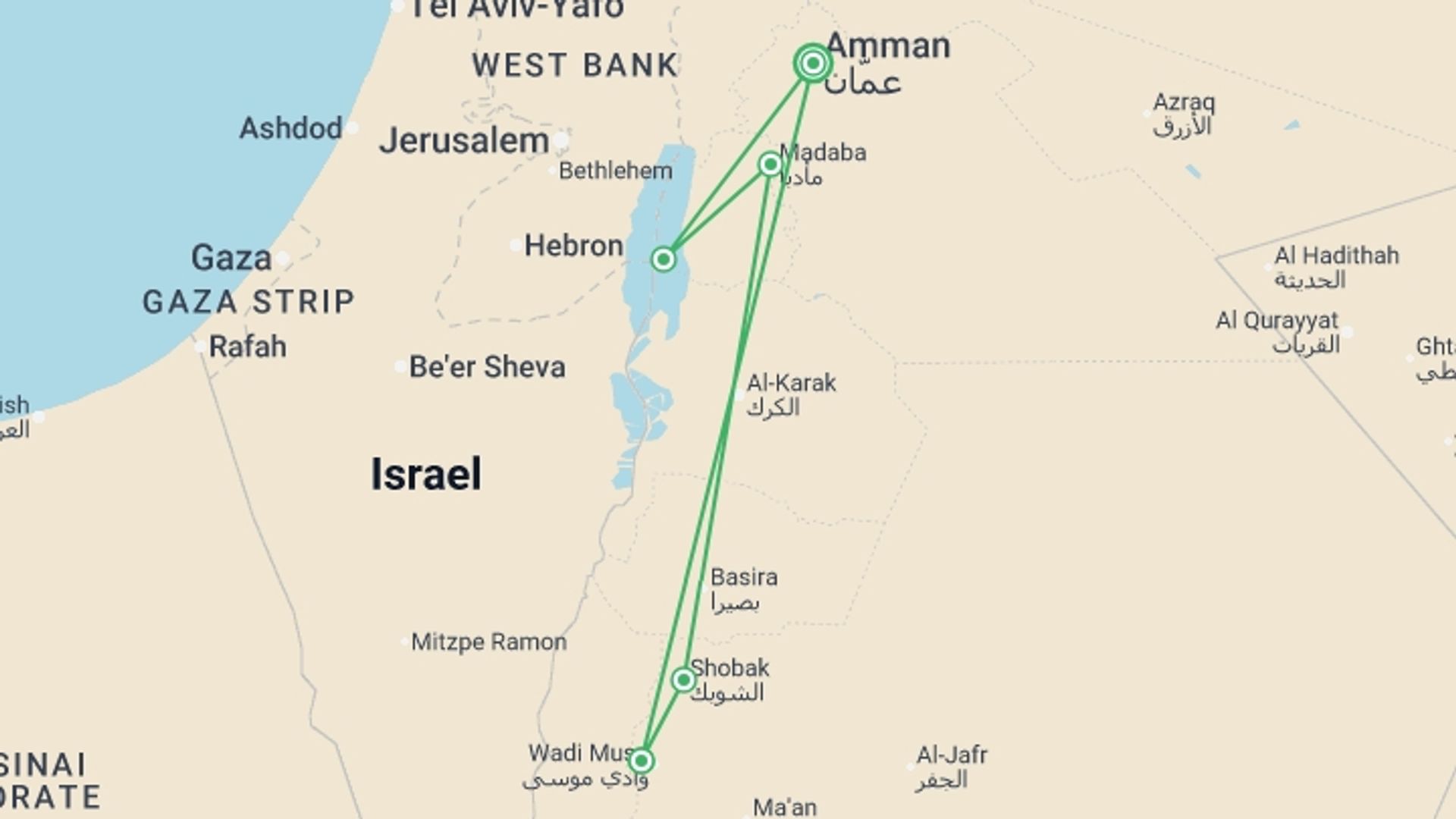 A map showing the tour itinerary for the trip: Petra & The Dead Sea - 4 Days, starting in Amman, Jordan and ending in Amman, Jordan going through 2 other destinations.