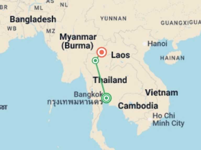 Map of Chiang Mai Tour with 3 destination visits for the trip: Bangkok and the Golden Triangle – Ending in Chiang Rai