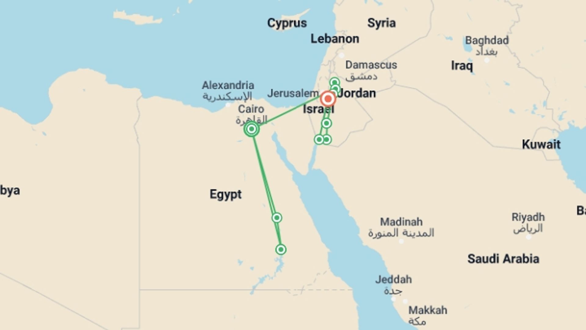 A map showing the tour itinerary for the trip: Egypt and Jordan Family Holiday, starting in Cairo, Egypt and ending in Dead Sea, Jordan going through 7 other destinations.