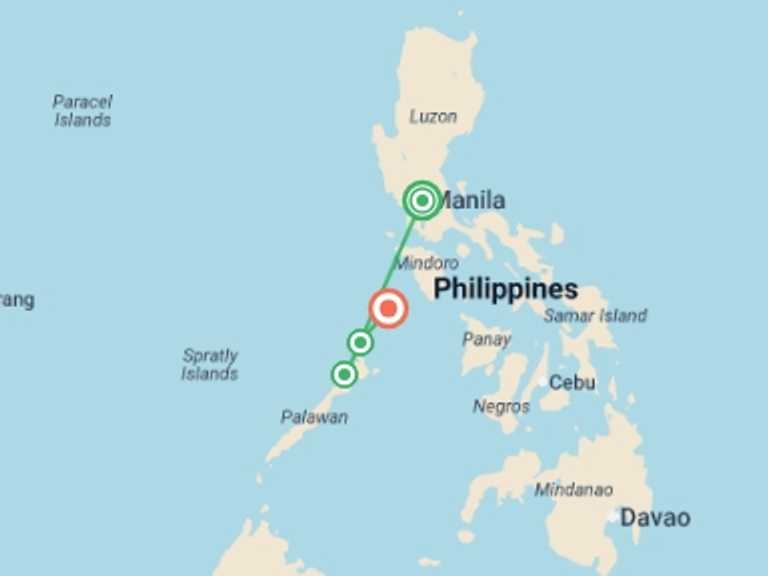 Map of 10-Day Asia Tour with 4 destination visits for the trip: Philippines: Snorkel & Stargaze
