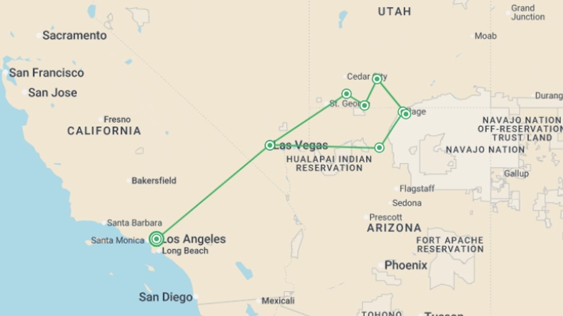A map showing the tour itinerary for the trip: Western Deserts 4D/3N (From Los Angeles), starting in Los Angeles, USA and ending in Los Angeles, USA going through 3 other destinations.