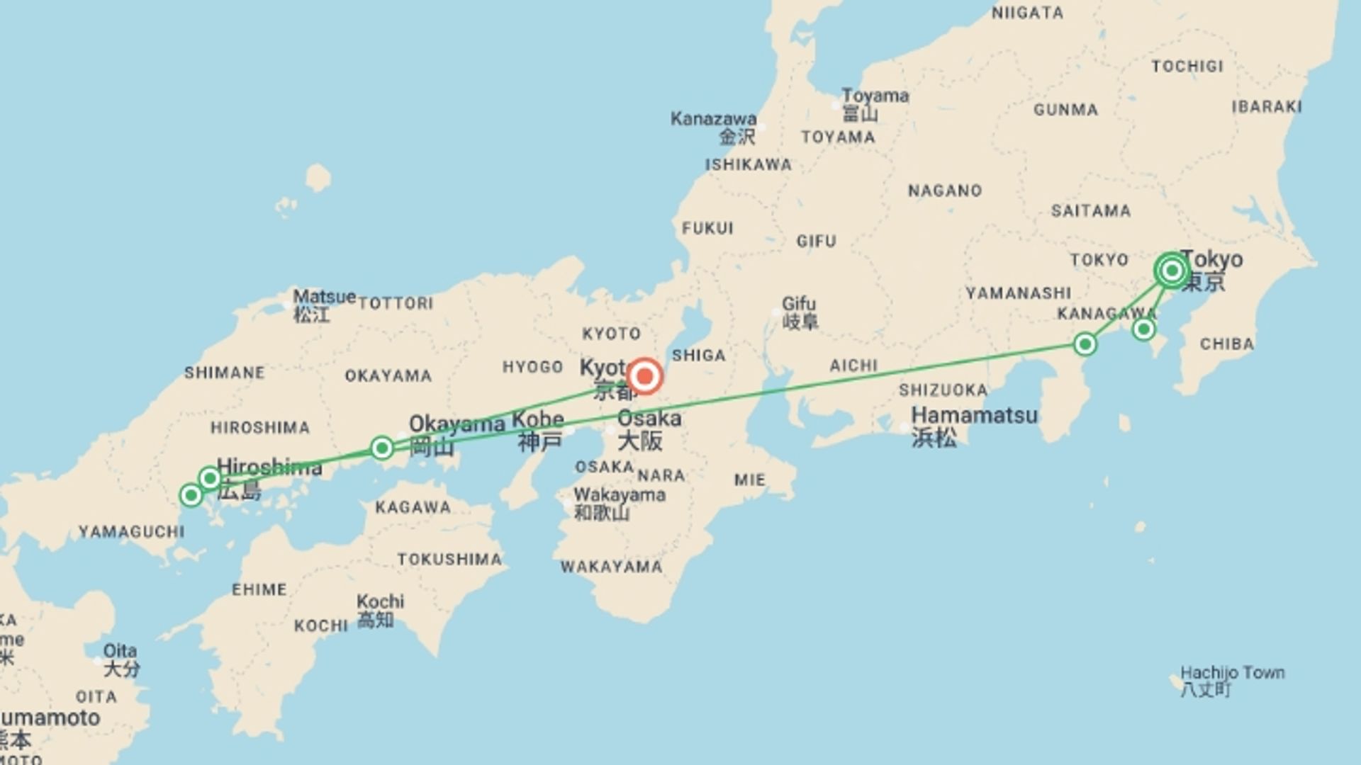 A map showing the tour itinerary for the trip: Upgraded - Discover Japan, starting in Tokyo, Japan and ending in Kyoto, Japan going through 5 other destinations.
