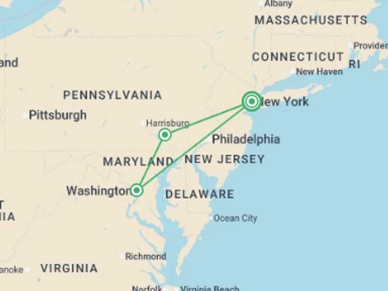 Map of North America Tour with 2 destination visits for the trip: Special Washington end NY