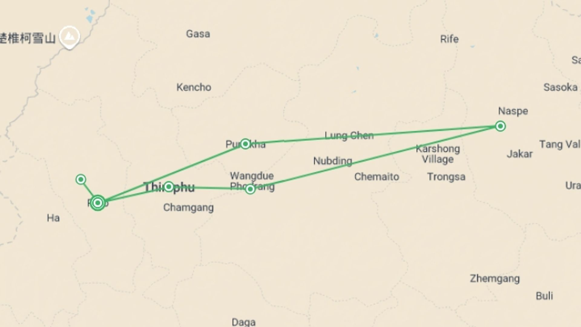 A map showing the tour itinerary for the trip: Bhutan, 10 Days Tour (on Request), starting in Paro, Bhutan and ending in Paro, Bhutan going through 4 other destinations.