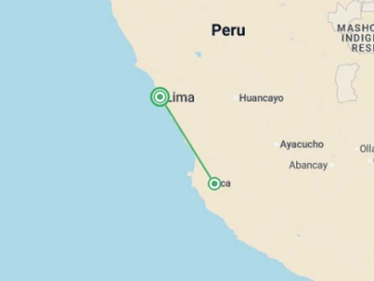 Map itinerary of South America Tour in November 2026 with 2 destination visits for the trip: Dunes & Vineyards