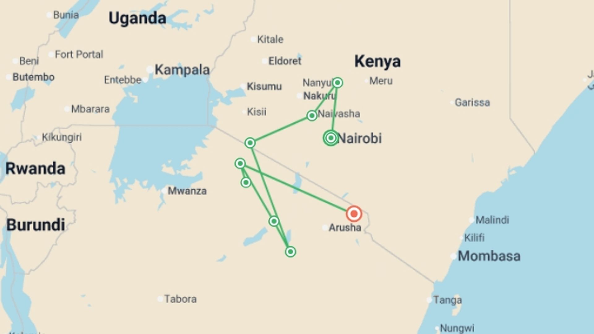 A map showing the tour itinerary for the trip: Kenya and Tanzania Safari - Small Group, starting in Nairobi, Kenya and ending in Kilimanjaro, Tanzania going through 7 other destinations.