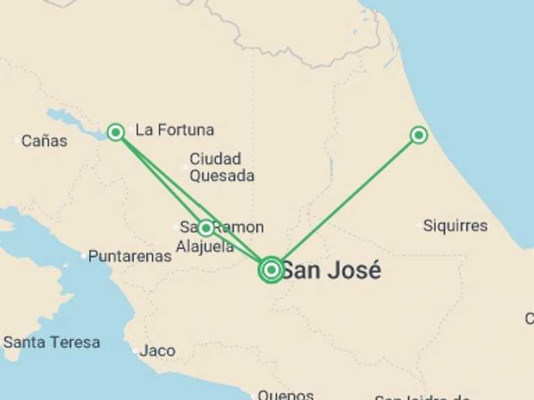 Map itinerary of South America Tour in February 2027 with 2 destination visits for the trip: Tropical Costa Rica 5 Days, Short Break