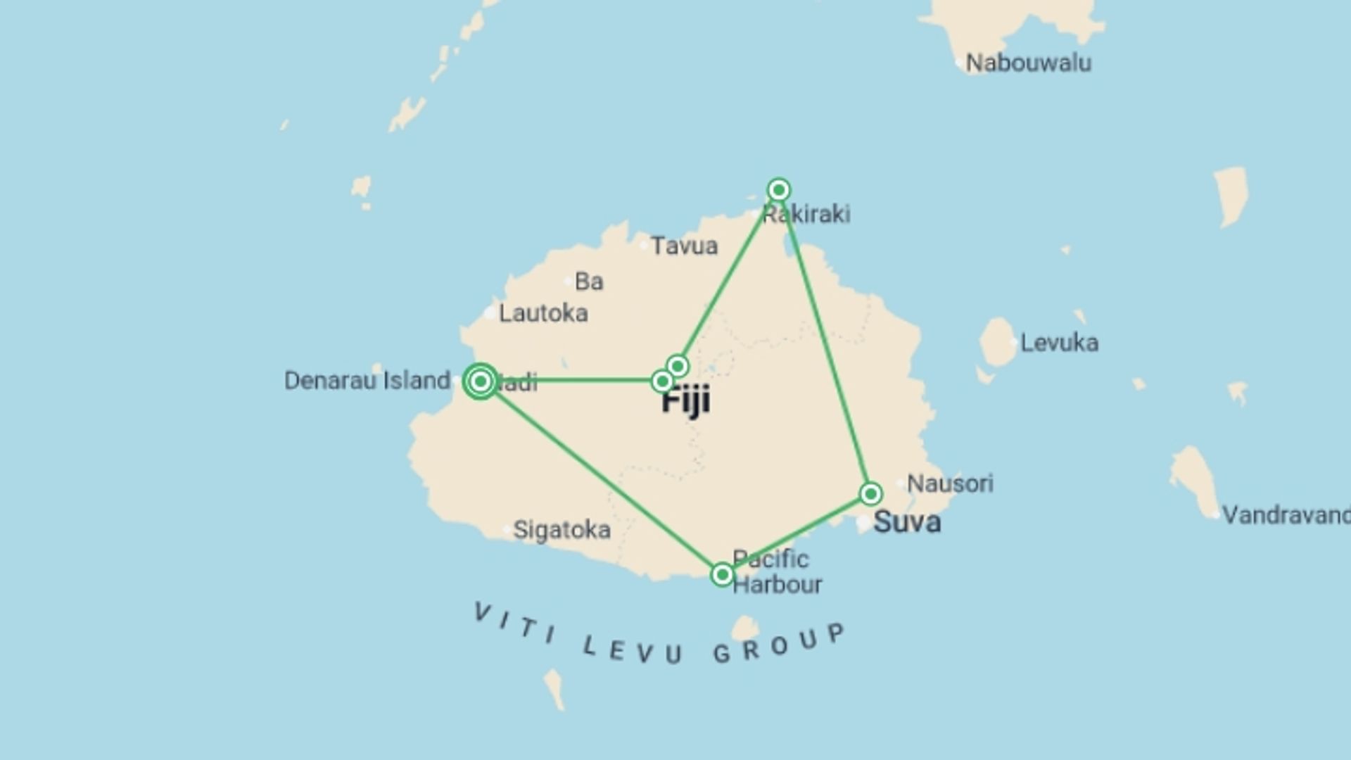 A map showing the tour itinerary for the trip: Fiji: Hike, Raft & Snorkel, starting in Nadi, Fiji and ending in Nadi, Fiji going through 5 other destinations.