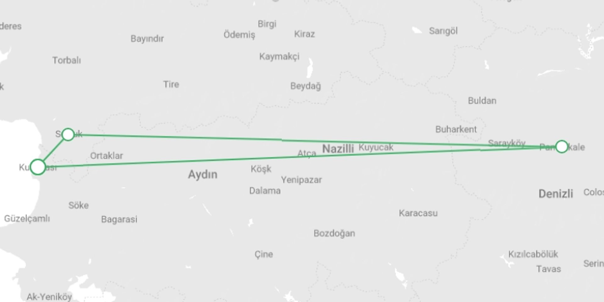 A map showing the tour itinerary for the trip: Mini Stay Kusadasi - 4 days, starting in Kusadasi, Turkey and ending in Kusadasi, Turkey going through 3 other destinations.