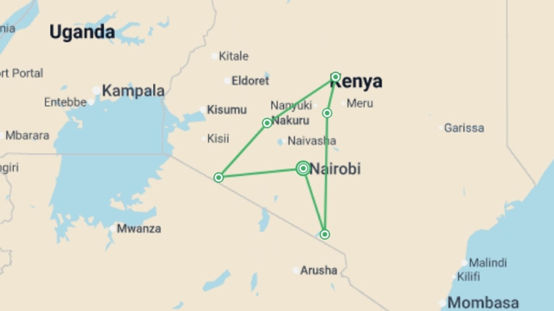 A map showing the tour itinerary for the trip: Lakes & Mountain Safari 10D/9N (Masai Mara, Lake Nakuru & Baringo, Samburu, Amboseli), starting in Nairobi, Kenya and ending in Nairobi, Kenya going through 5 other destinations.