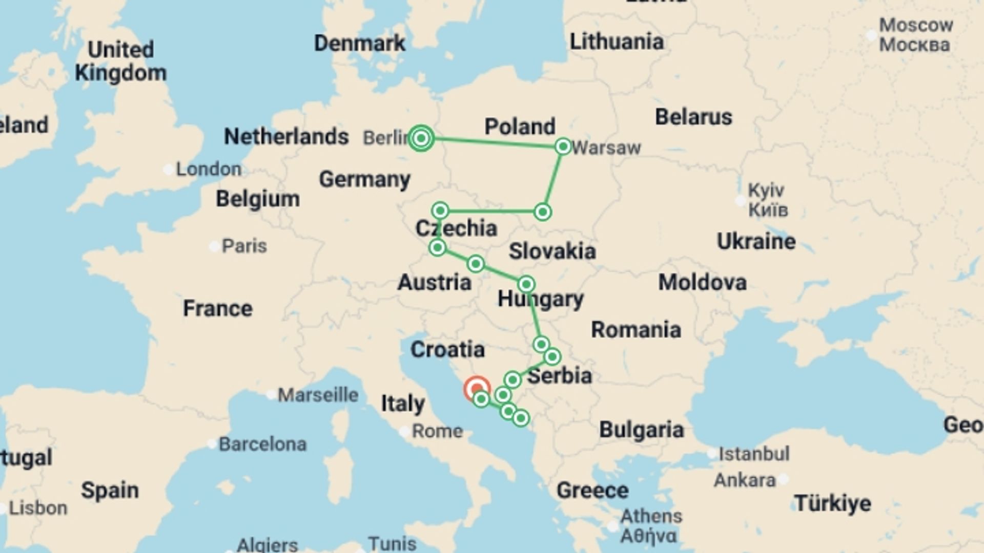 A map showing the tour itinerary for the trip: Eastern Europe, Croatia & the Balkans, starting in Berlin, Germany and ending in Split, Croatia going through 15 other destinations.