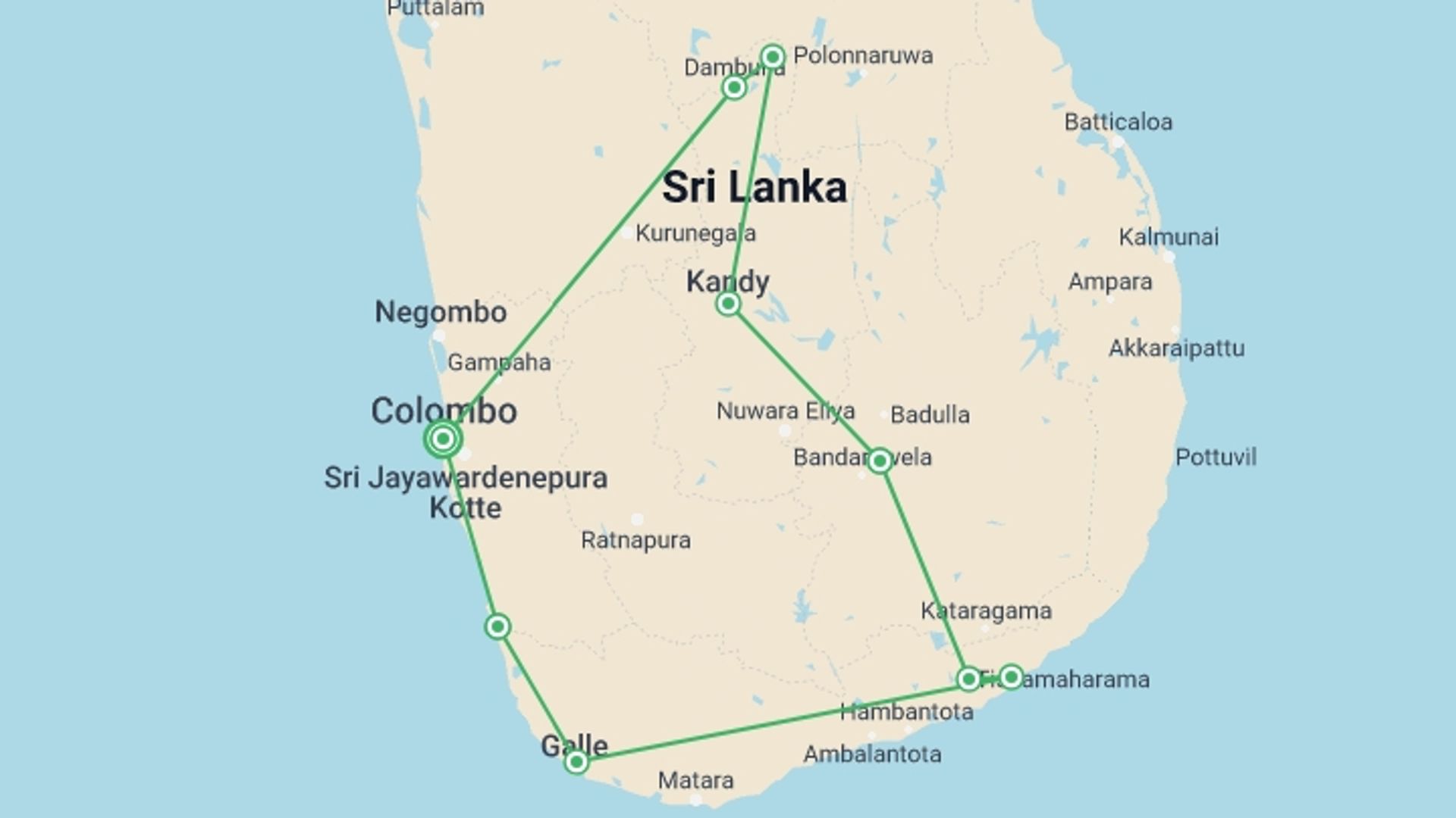 A map showing the tour itinerary for the trip: Best Of Sri Lanka, 10 Days, starting in Colombo, Sri Lanka and ending in Colombo, Sri Lanka going through 6 other destinations.