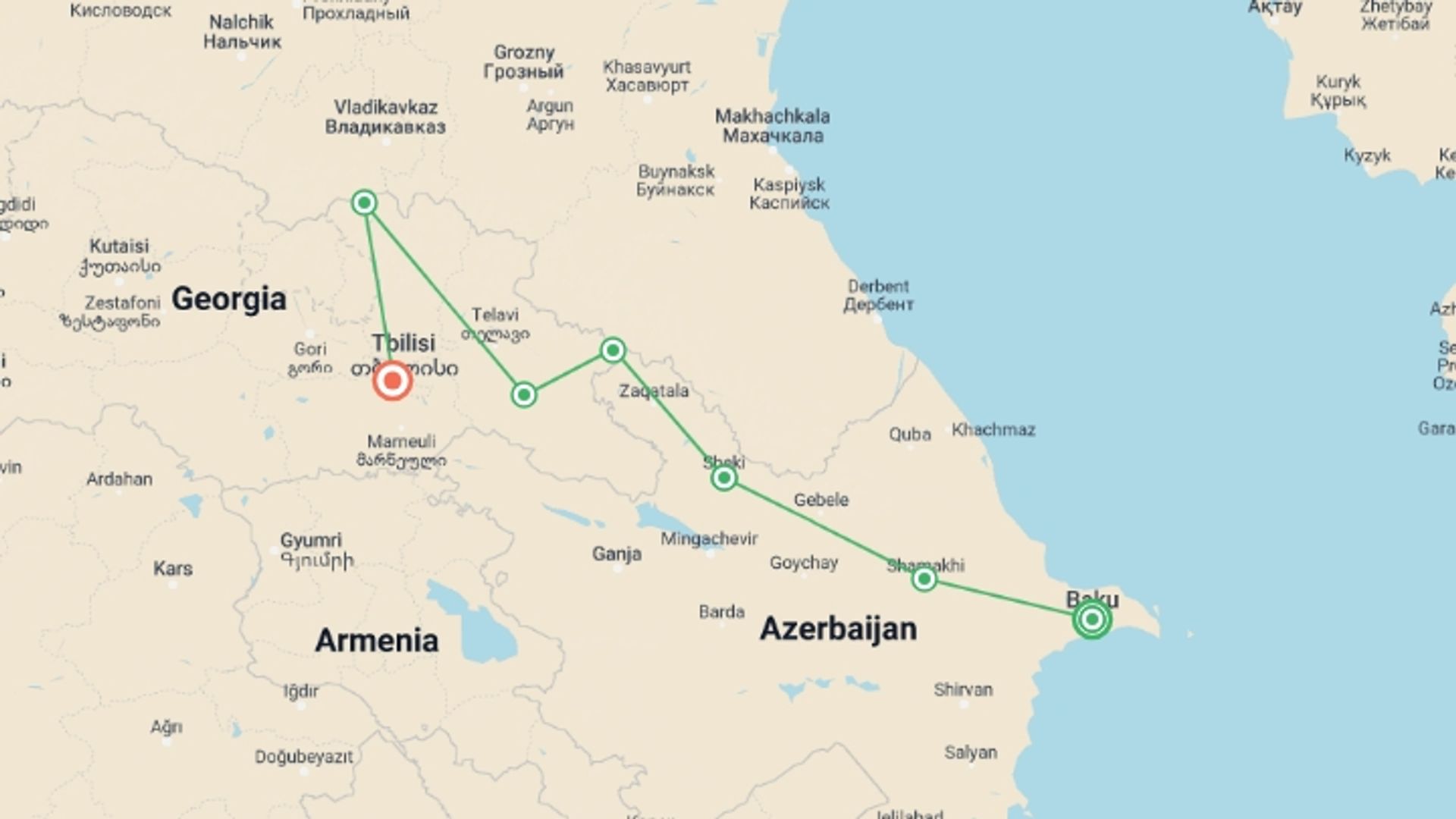 A map showing the tour itinerary for the trip: 11 days Azerbaijan & Georgia Private Tour, starting in Baku, Azerbaijan and ending in Tbilisi, Georgia going through 5 other destinations.