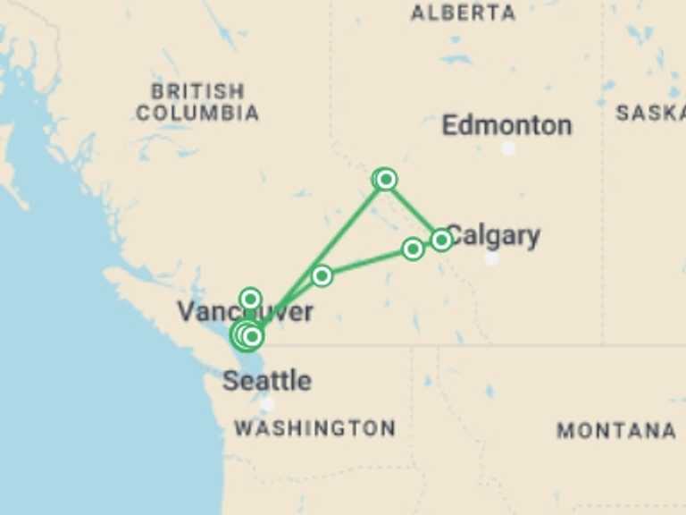 Map of 13-Day Canada Tour with 8 destination visits for the trip: Real Canadian Rockies
