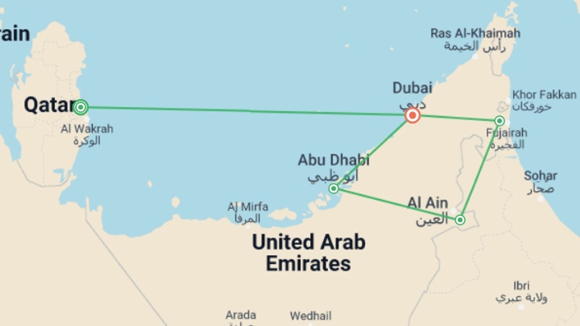 A map showing the tour itinerary for the trip: Qatar, Dubai, and the United Arab Emirates, starting in Doha, Qatar and ending in Dubai, UAE going through 3 other destinations.