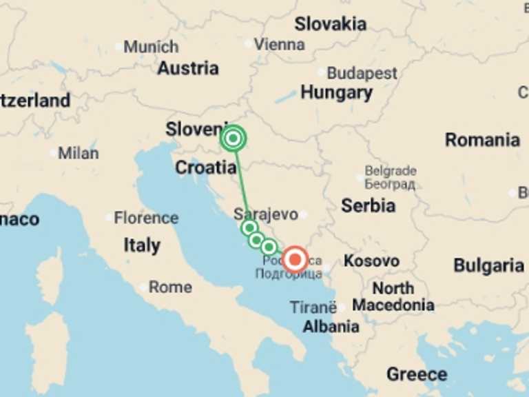 Map itinerary of Balkans Tour in October 2026 with 5 destination visits for the trip: Croatia Lakes & Island Hopping from Zagreb - 10 days
