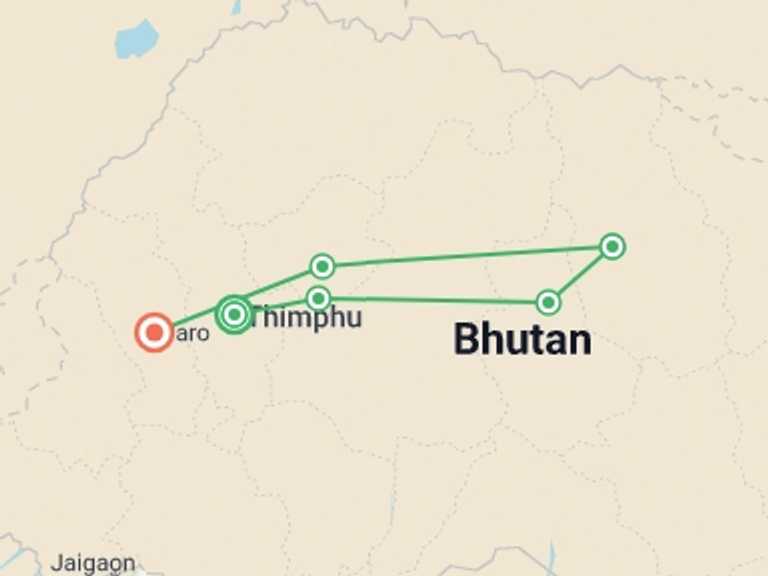 Map itinerary of South Asia Tour in March 2027 with 6 destination visits for the trip: Hike the Trans Bhutan Trail