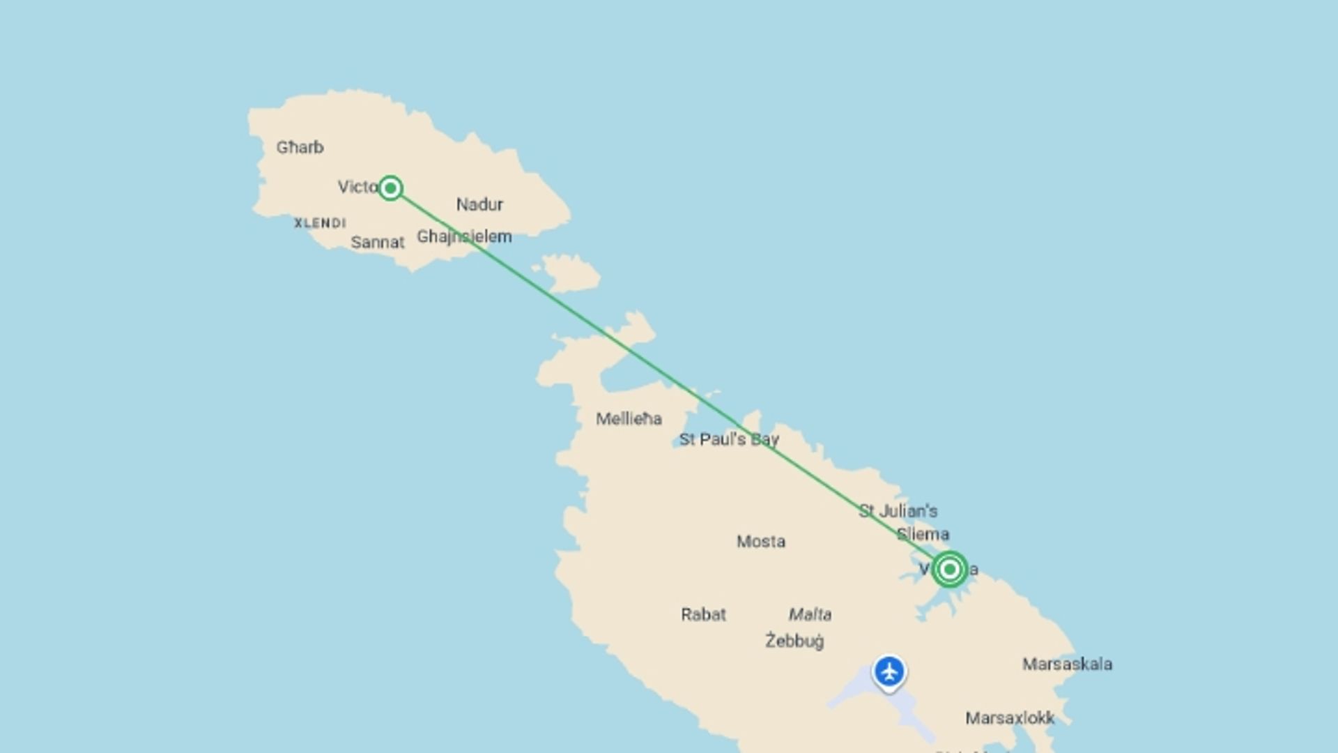 A map showing the tour itinerary for the trip: Highlights of Malta & Gozo, starting in Valletta, Malta and ending in Valletta, Malta going through 2 other destinations.