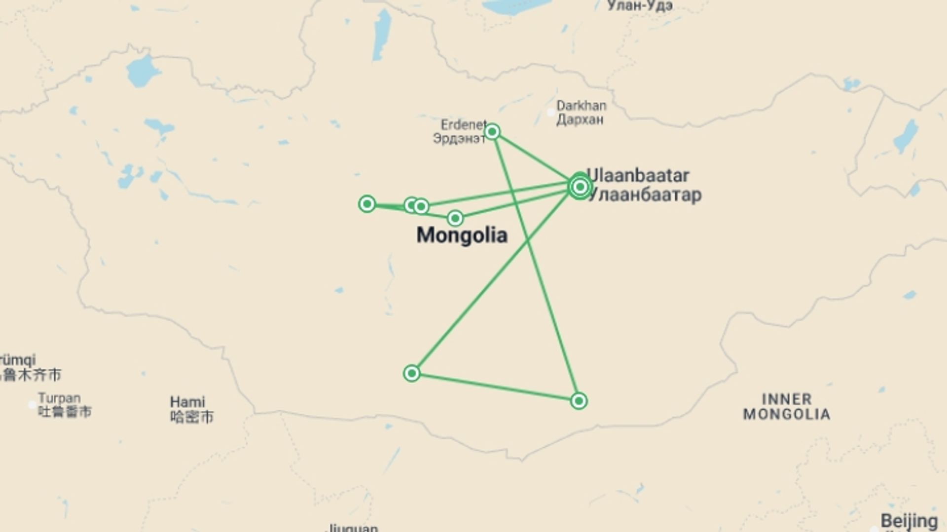 A map showing the tour itinerary for the trip: Cycling in Mongolia - Naadam Festival, starting in Ulaanbaatar, Mongolia and ending in Ulaanbaatar, Mongolia going through 8 other destinations.