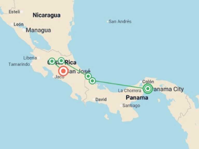 Map of South America Tour with 6 destination visits for the trip: Panama & Costa Rica: Caribbean Coasts, Rainforests & Volcanoes (multi County)