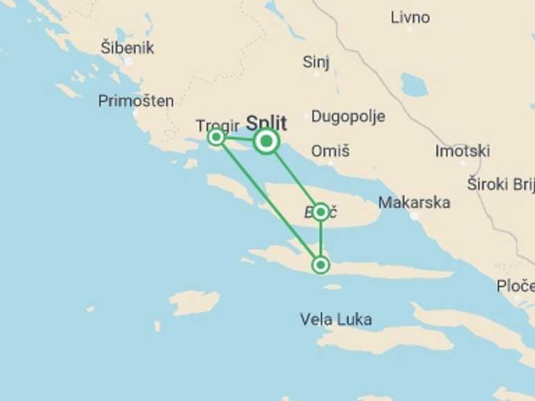 Map of Split Active and outdoor Tour with 4 destination visits for the trip: Croatia Island Hopping, 8 Days