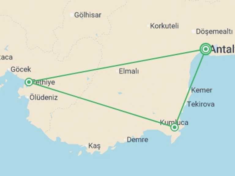 Map itinerary of Mediterranean Tour in September 2026 with 4 destination visits for the trip: Lycian Guided Walk