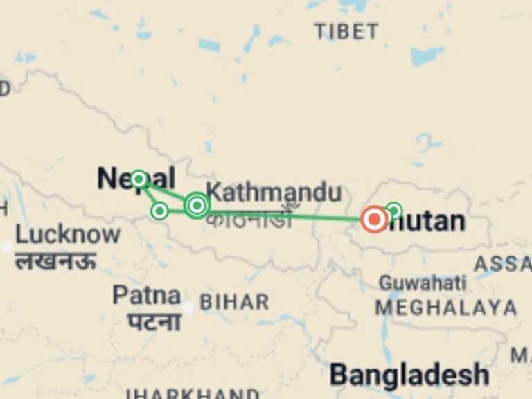 Map of Asia Tour with 6 destination visits for the trip: Nepal & Bhutan Explorer