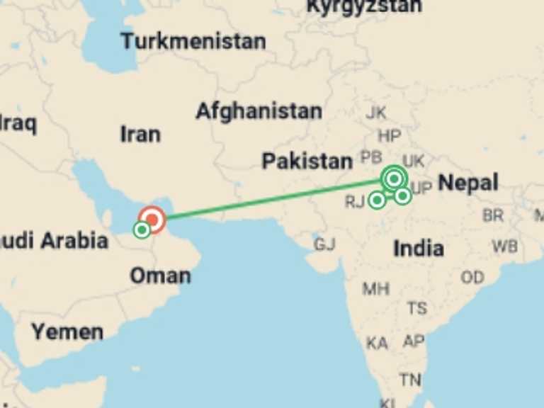 Map of a Adventure Tour with 5 destination visits for the trip: Best of India And Dubai