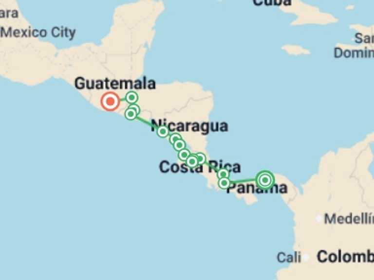 Map of North America Cultural, religious and historic sites Tour with 15 destination visits for the trip: Central American Explorer