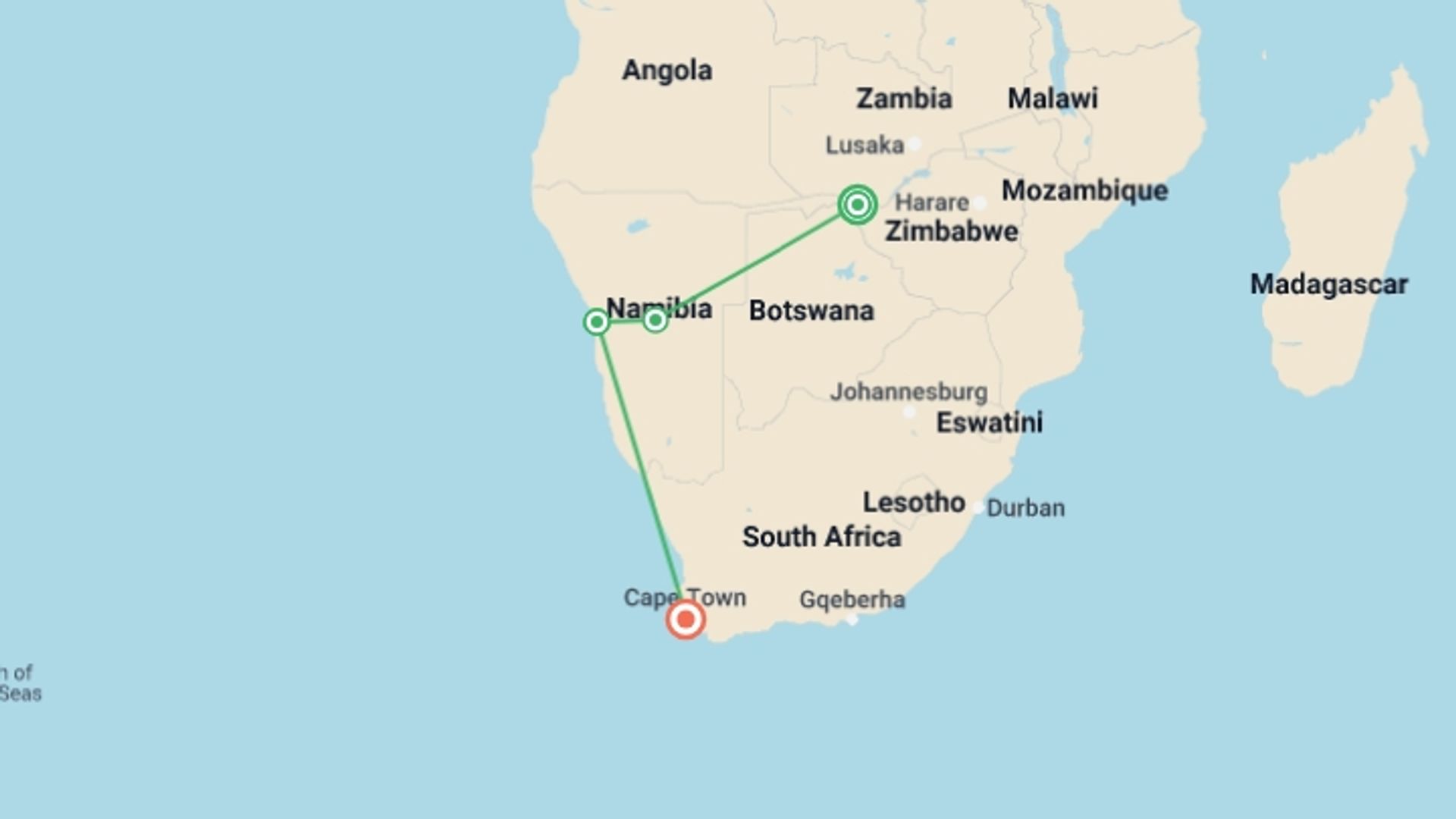 A map showing the tour itinerary for the trip: Active South Africa: Victoria Falls to Cape Town, starting in Victoria Falls, Zimbabwe and ending in Cape Town, South Africa going through 2 other destinations.