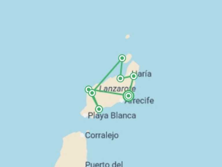 Map itinerary of Mediterranean Tour in April 2026 with 7 destination visits for the trip: Canary Islands Walking - Lanzarote