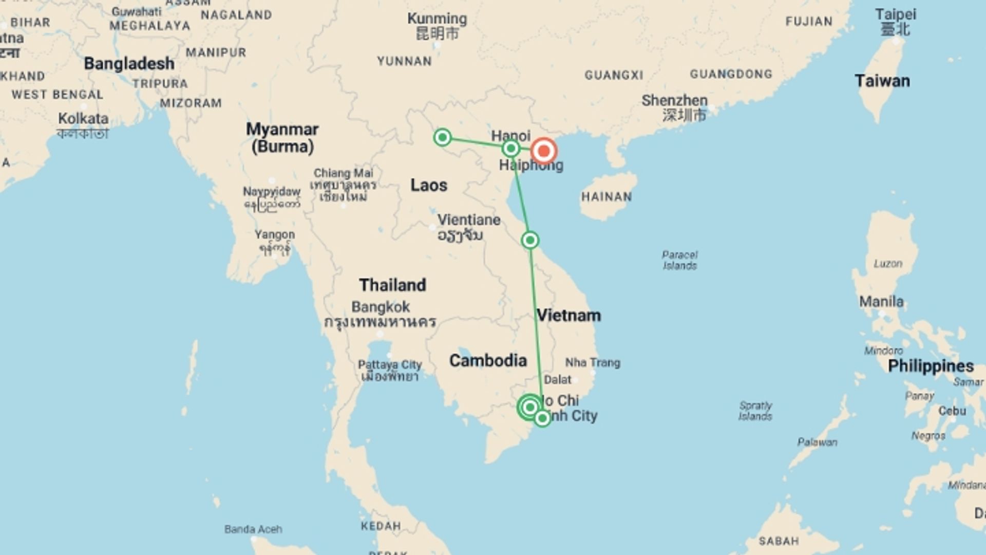 A map showing the tour itinerary for the trip: Vietnam War Heritage Tour, starting in Ho Chi Minh City, Vietnam and ending in Halong Bay, Vietnam going through 4 other destinations.
