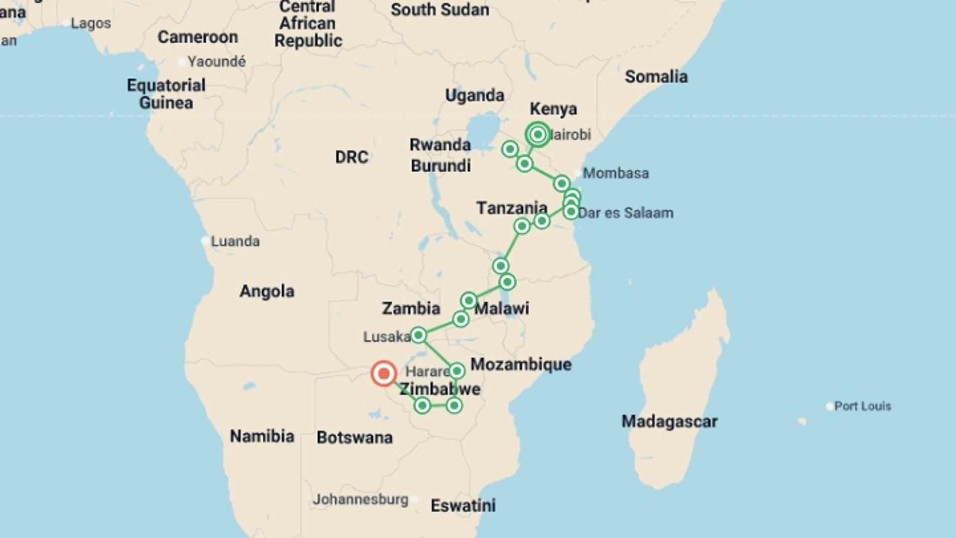 A map showing the tour itinerary for the trip: Kenya to Vic Falls, starting in Nairobi, Kenya and ending in Victoria Falls, Zimbabwe going through 16 other destinations.
