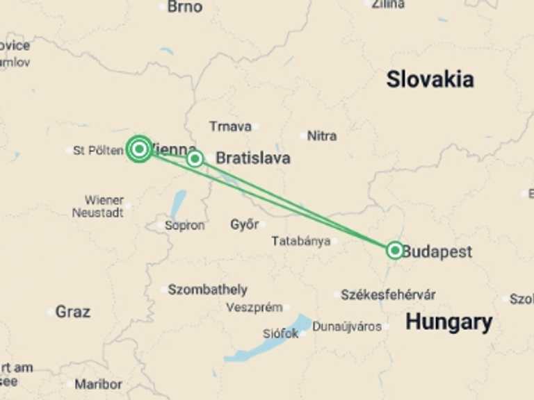 Map itinerary of Europe Tour in November 2026 with 3 destination visits for the trip: Taking in 3 countries: The Danube and its traditions (port-to-port cruise)