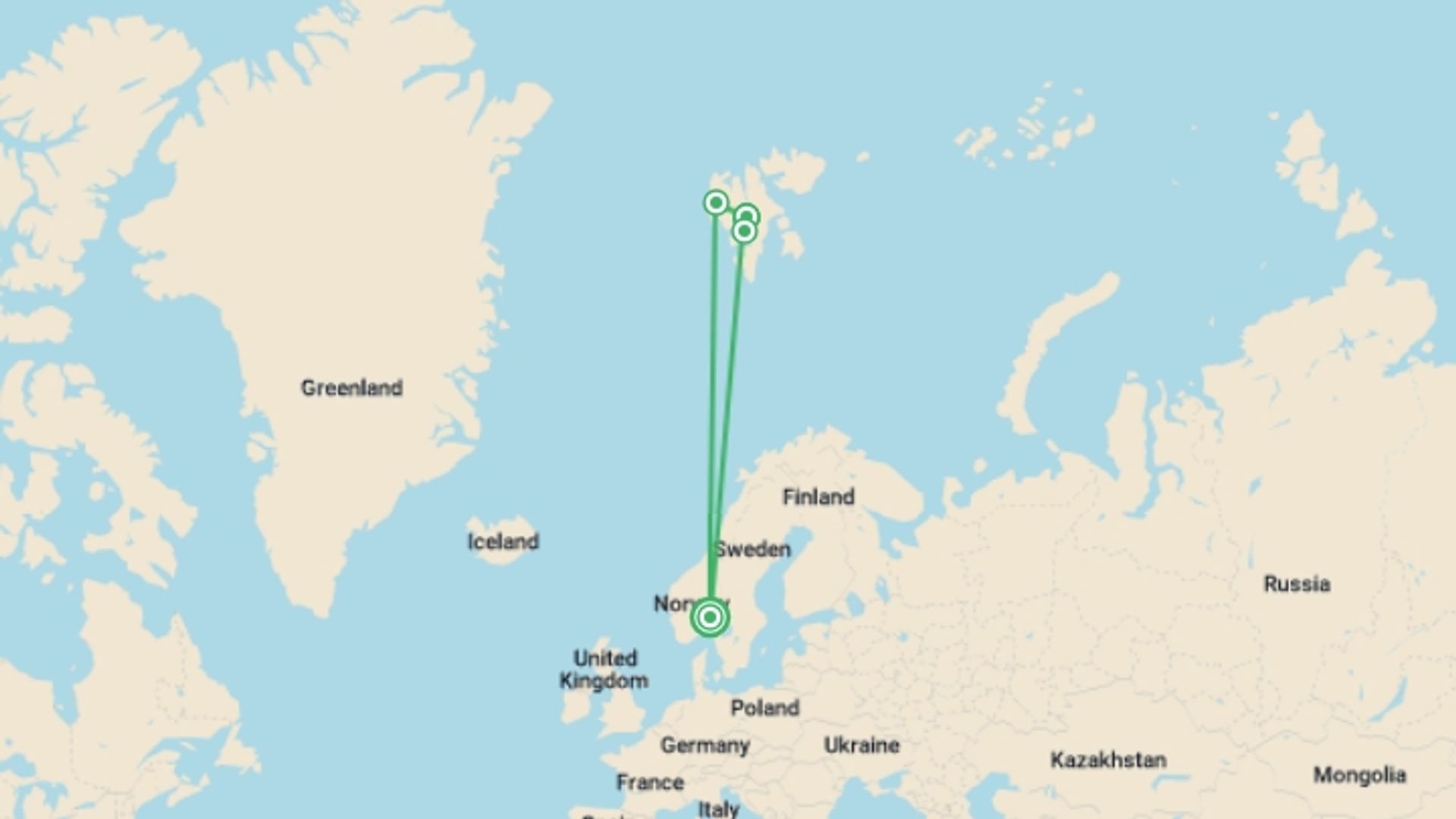 A map showing the tour itinerary for the trip: Svalbard Express - (Ocean Albatros), starting in Oslo, Norway and ending in Oslo, Norway going through 2 other destinations.