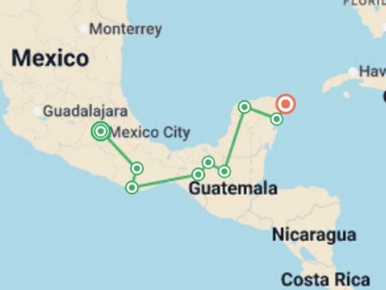 Map of Mexico Tour with 9 destination visits for the trip: Magical Mexico Adventure 17D/16N