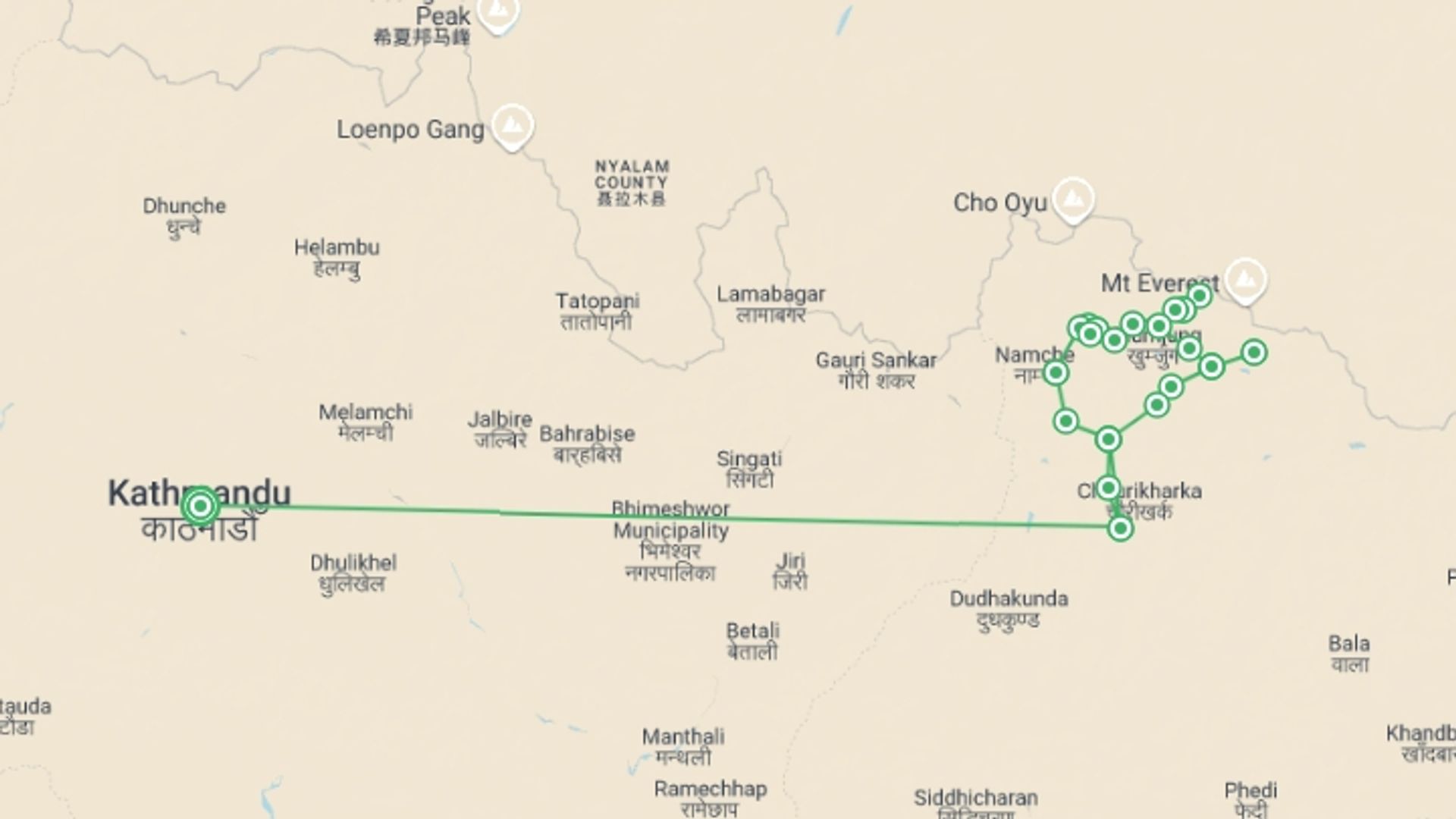 A map showing the tour itinerary for the trip: Island Peak Climb With Three Passes Trek, starting in Kathmandu, Nepal and ending in Kathmandu, Nepal going through 16 other destinations.