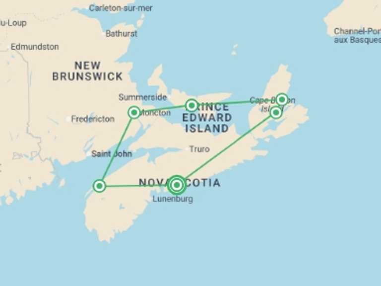 Map itinerary of North America Tour in June 2026 with 6 destination visits for the trip: Landscapes of the Canadian Maritimes