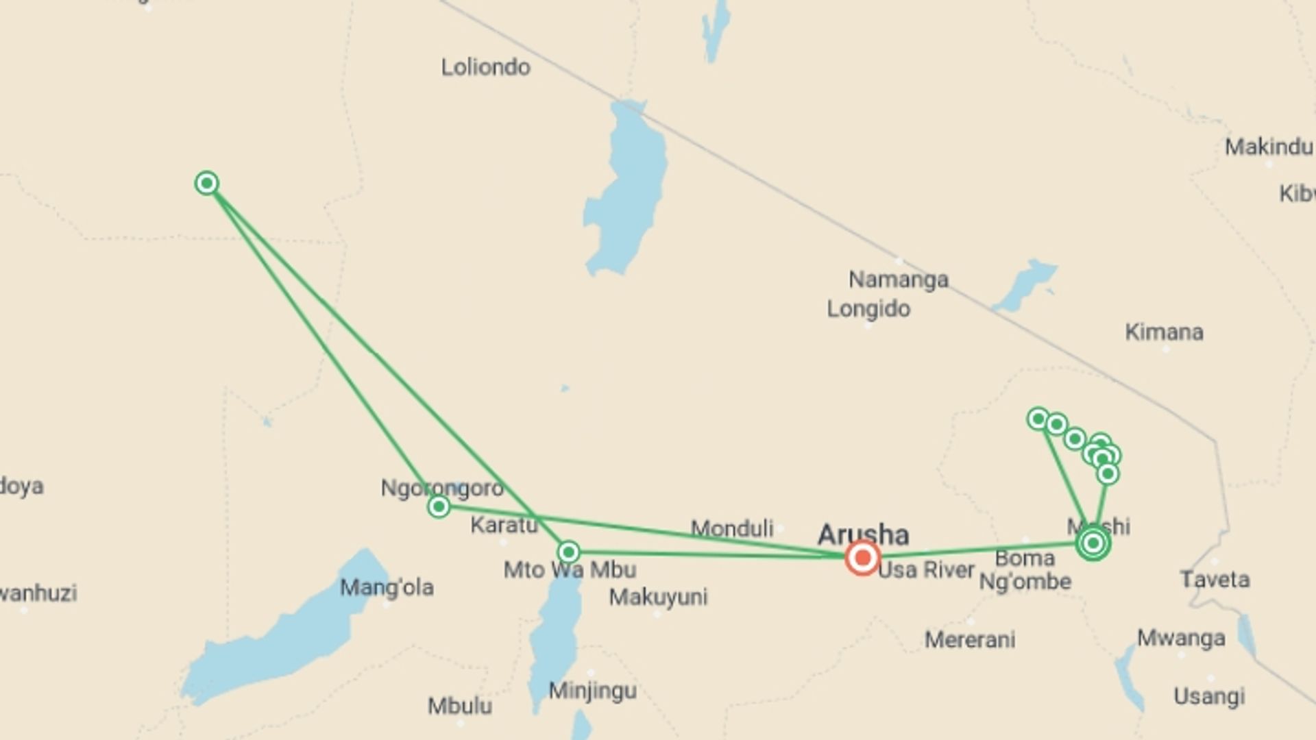 A map showing the tour itinerary for the trip: Kilimanjaro - Lemosho Route & Serengeti Adventure, starting in Moshi, Tanzania and ending in Arusha, Tanzania going through 11 other destinations.
