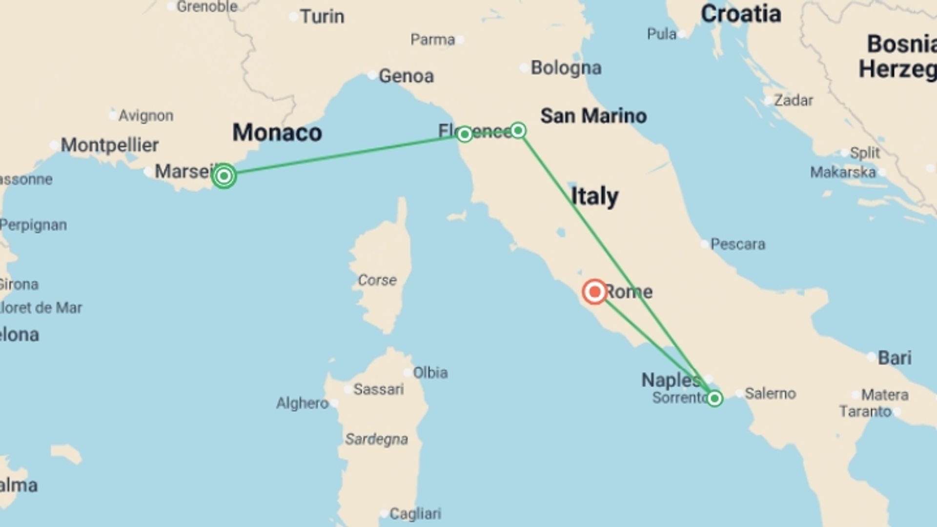 A map showing the tour itinerary for the trip: Barcelona to Rome Quest, starting in French Riviera, France and ending in Rome, Italy going through 6 other destinations.