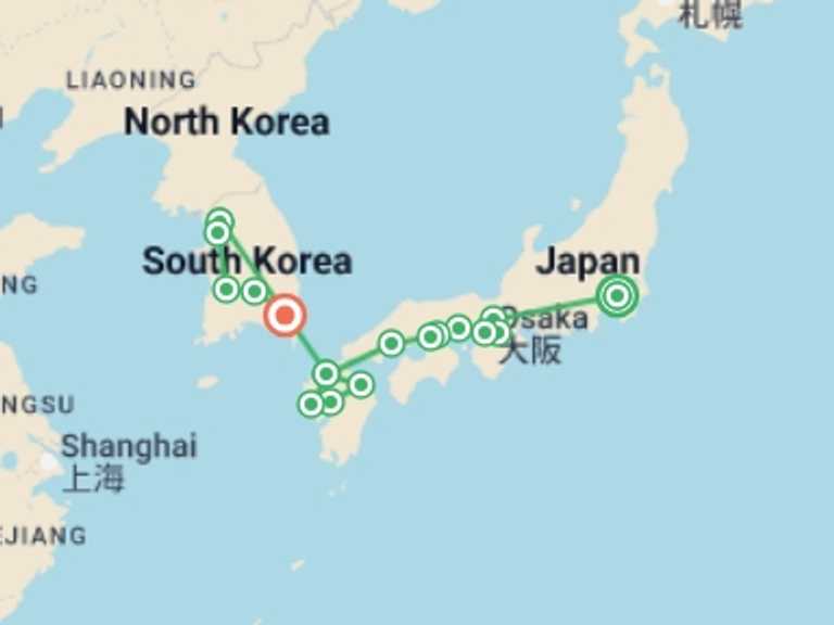 Map itinerary of Asia Tour in July 2026 with 12 destination visits for the trip: Unforgettable Japan with Kyushu and Korean Tradition